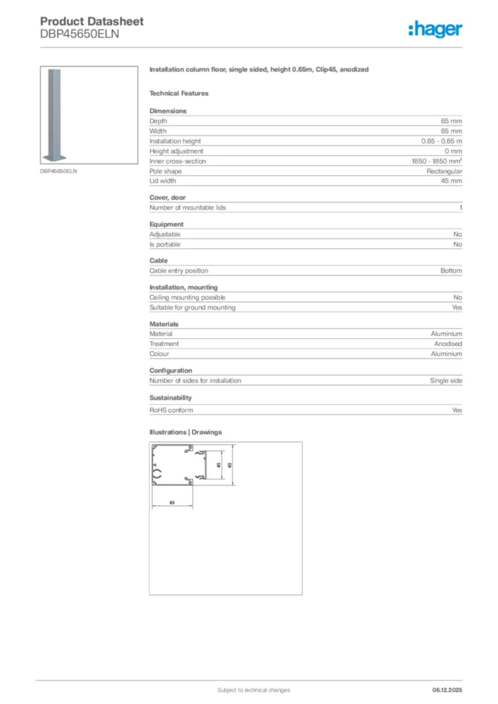 Image Hager Product data sheet DBP45650ELN  | Hager Africa