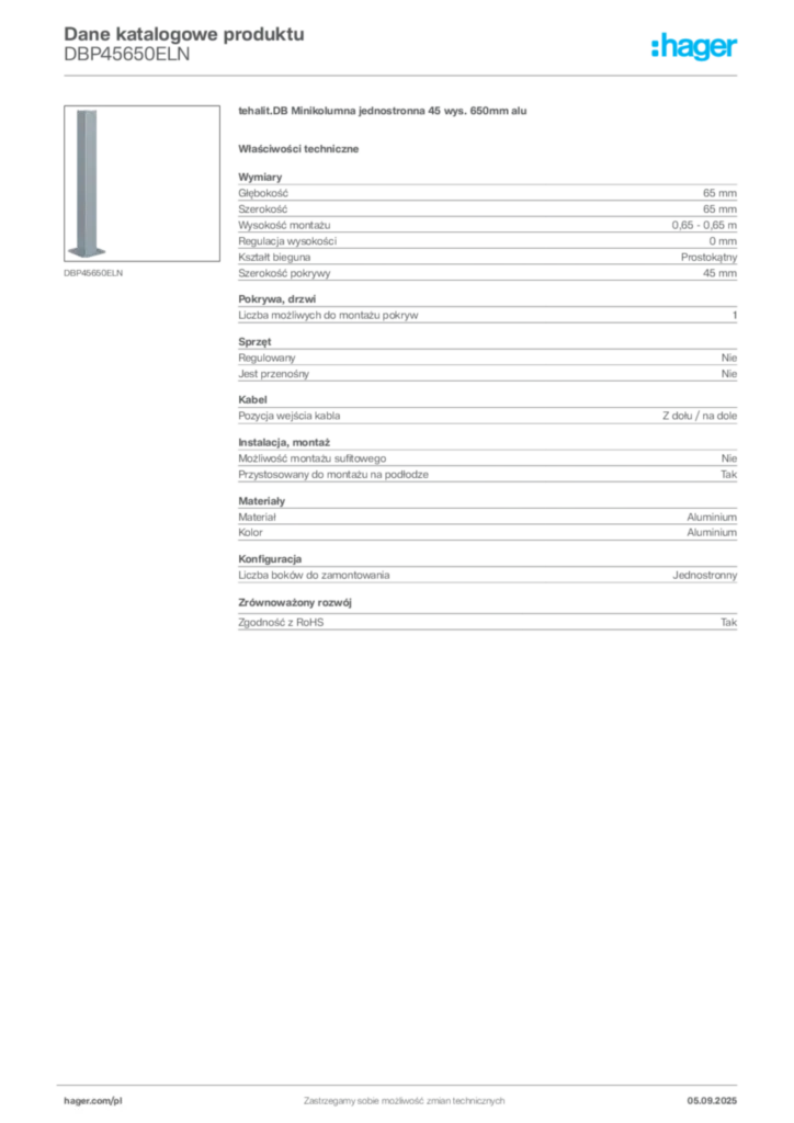 Zdjęcie Hager Dane katalogowe produktu DBP45650ELN | Hager Polska