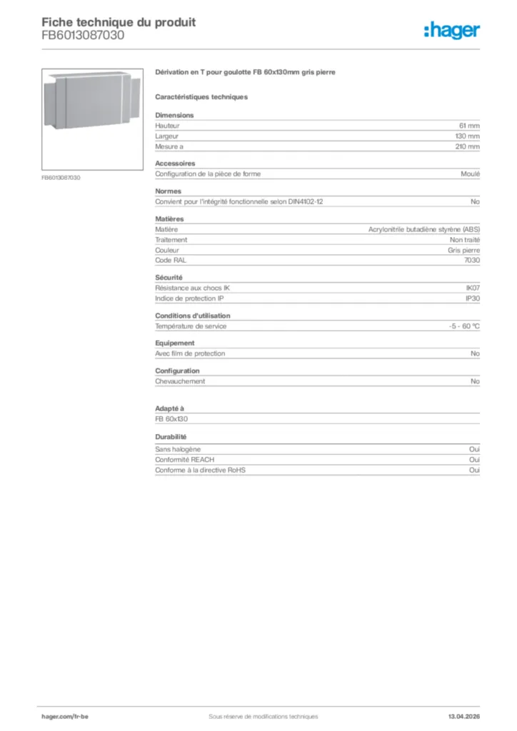 Image Hager Fiche technique du produit FB6013087030 | Hager Belgique