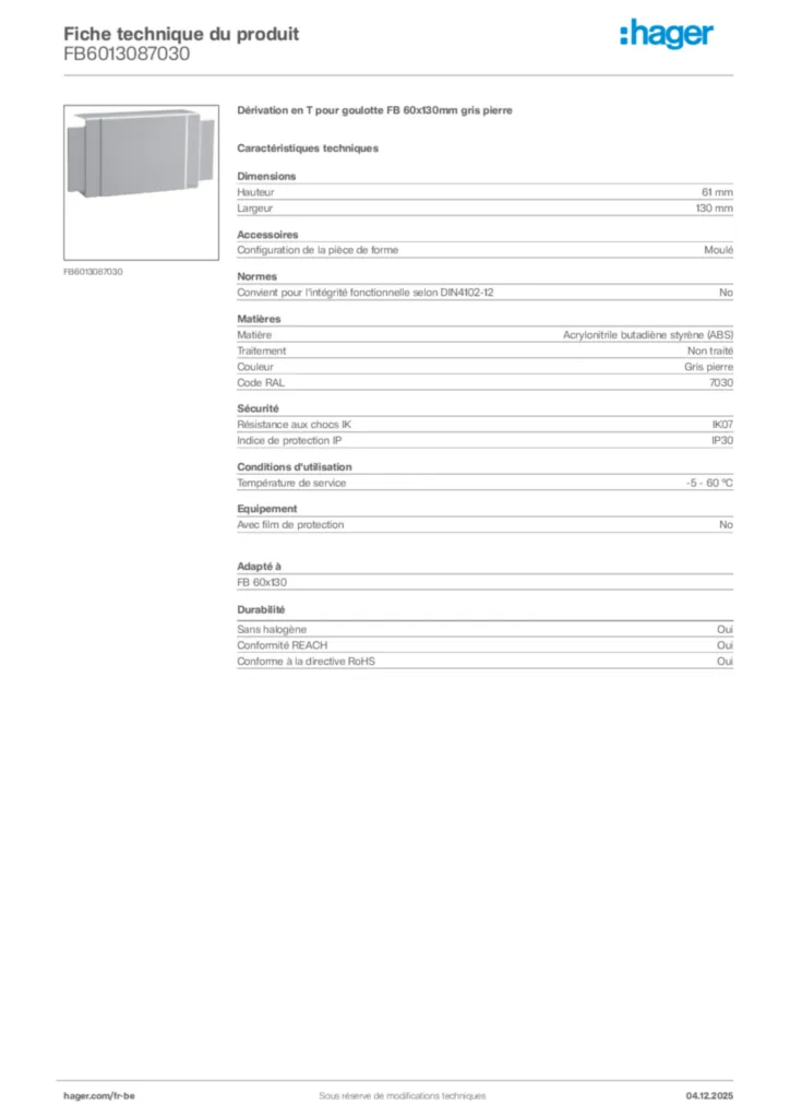 Image Hager Fiche technique du produit FB6013087030 | Hager Belgique