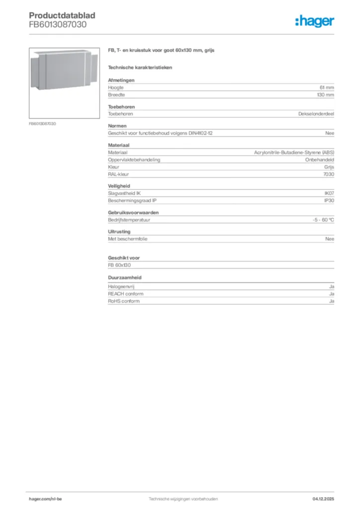 Afbeelding Hager Productdatablad FB6013087030 | Hager Belgium