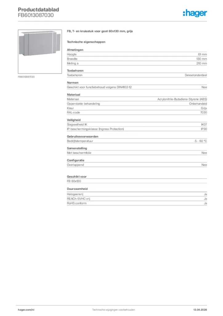 Afbeelding Hager Productdatablad FB6013087030 | Hager Nederland