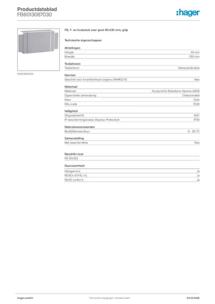 Afbeelding Hager Productdatablad FB6013087030 | Hager Nederland
