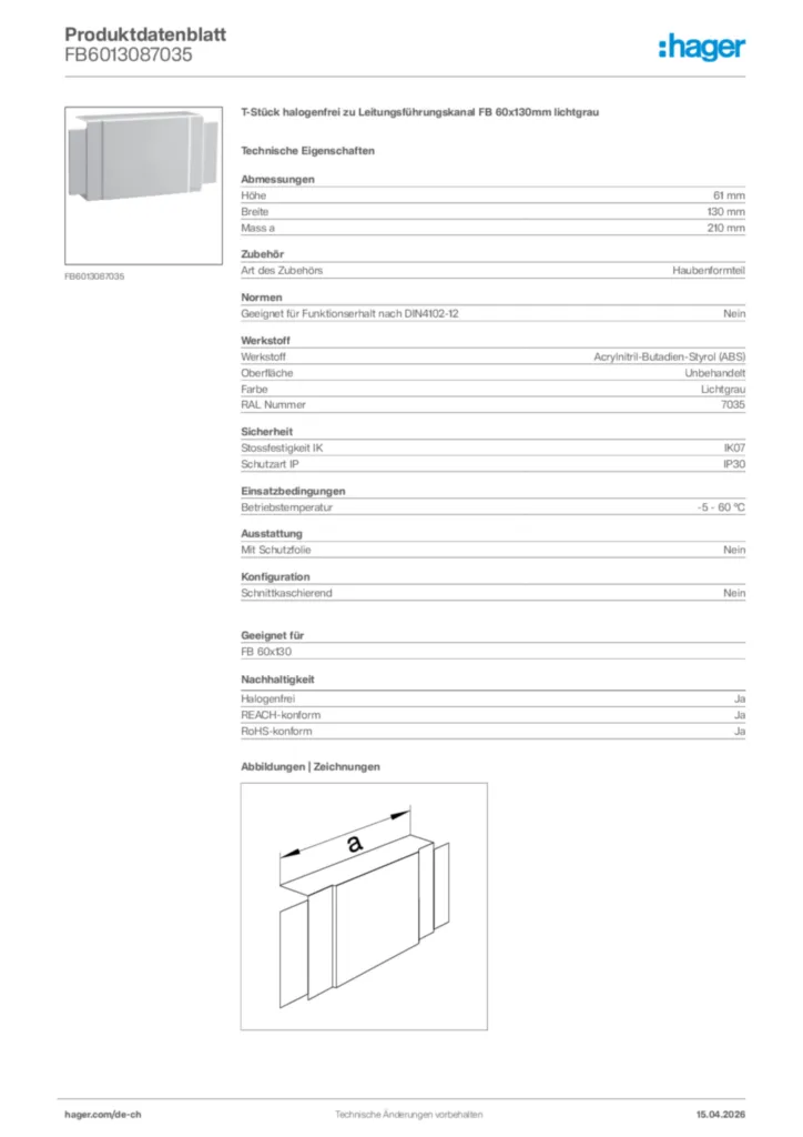 Bild Hager Produktdatenblatt FB6013087035 | Hager Schweiz