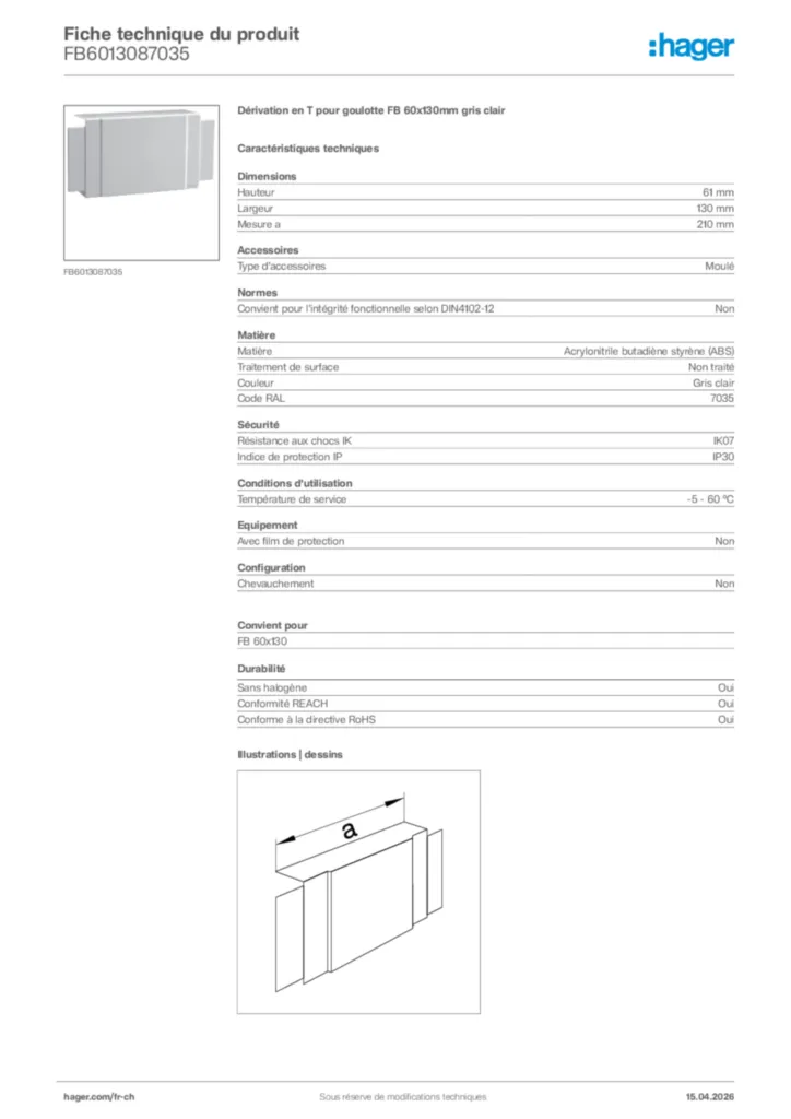Image Hager Fiche technique du produit FB6013087035 | Hager Suisse