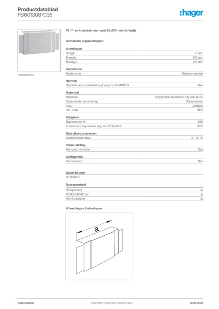 Afbeelding Hager Productdatablad FB6013087035 | Hager Nederland