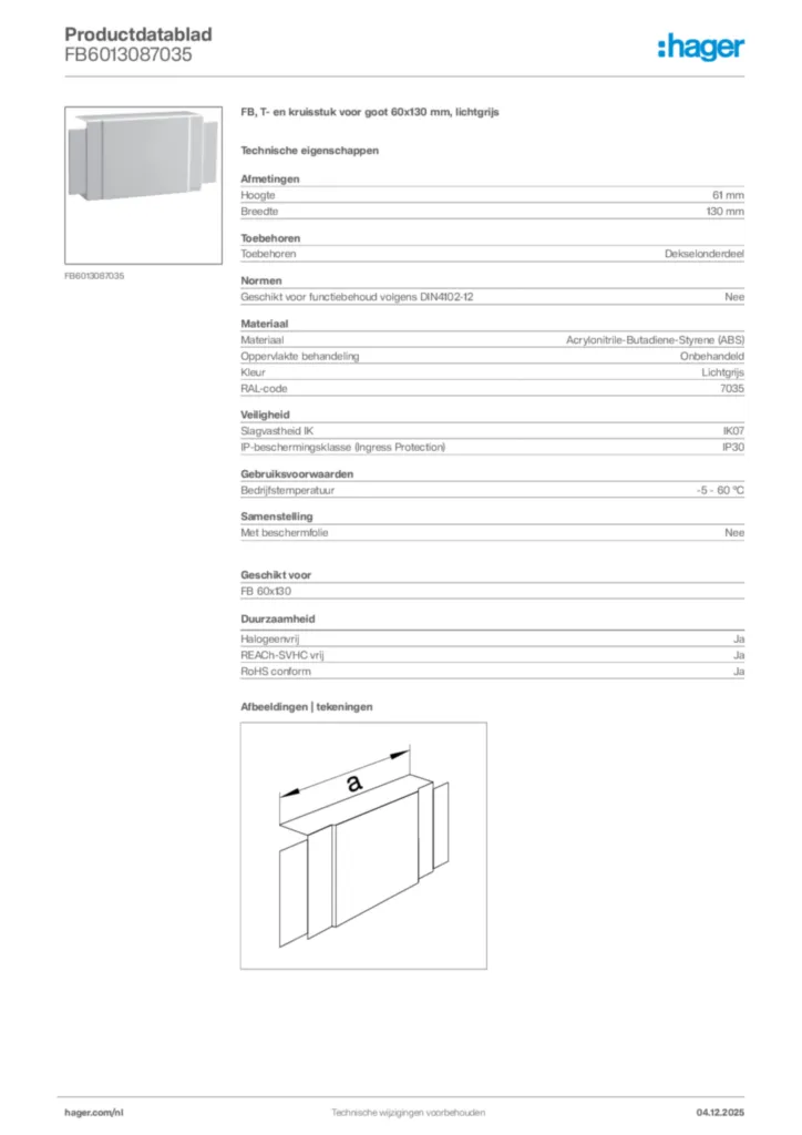Afbeelding Hager Productdatablad FB6013087035 | Hager Nederland