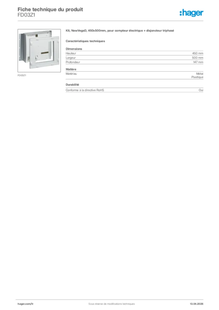 Image Hager Fiche technique du produit FD03Z1 | Hager France