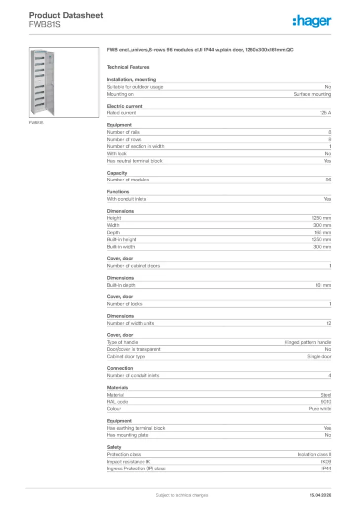Image Hager Product data sheet FWB81S  | Hager Africa
