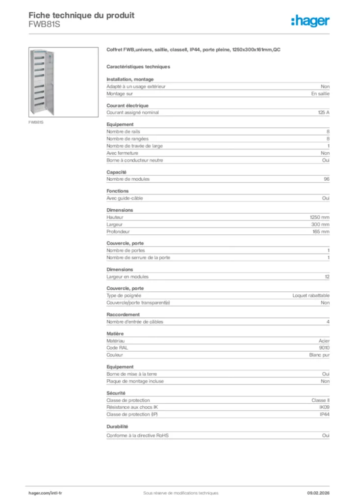 Image Hager Fiche technique du produit FWB81S | Hager Afrique