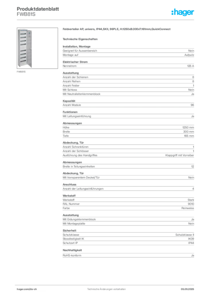 Bild Hager Produktdatenblatt FWB81S | Hager Schweiz