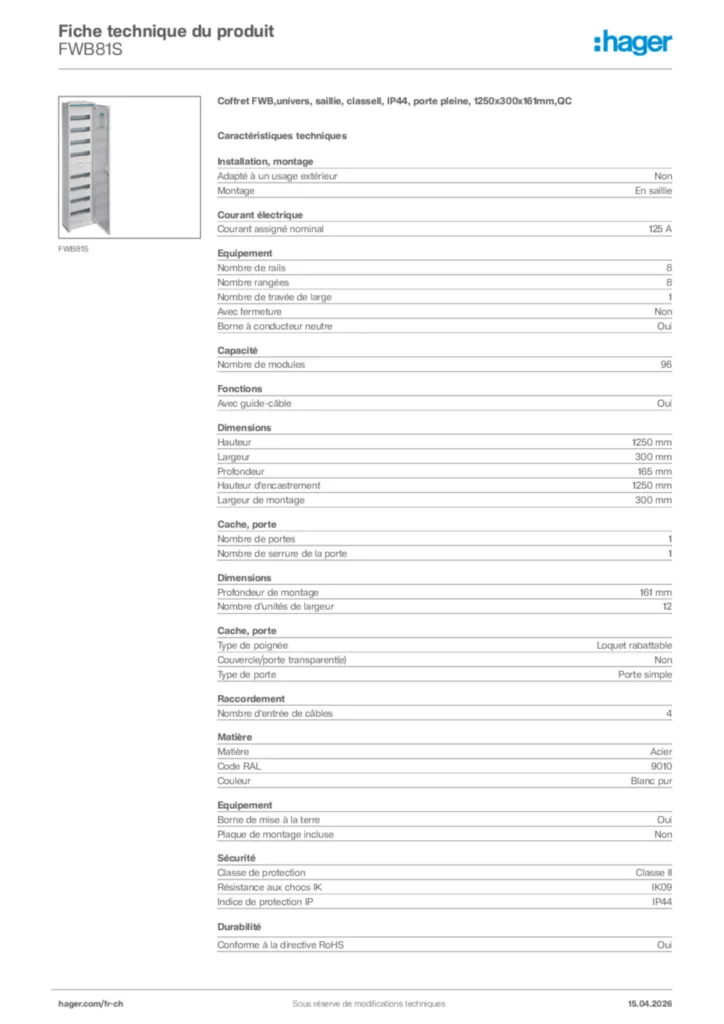 Image Hager Fiche technique du produit FWB81S | Hager Suisse