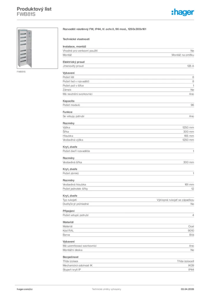 Obrázek Hager Product data sheet FWB81S | Hager