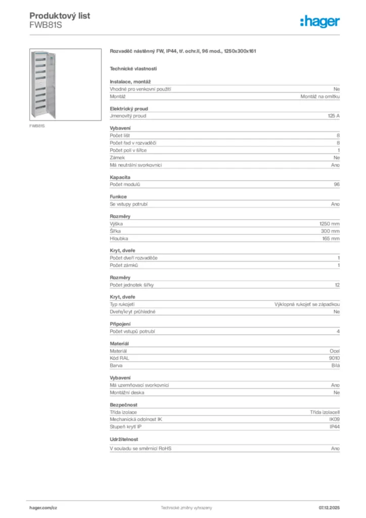 Obrázek Hager Product data sheet FWB81S | Hager