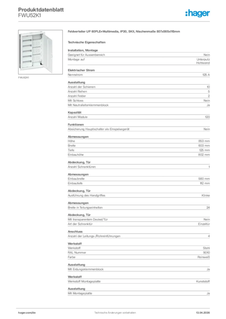Bild Hager Produktdatenblatt FWU52K1 | Hager Deutschland