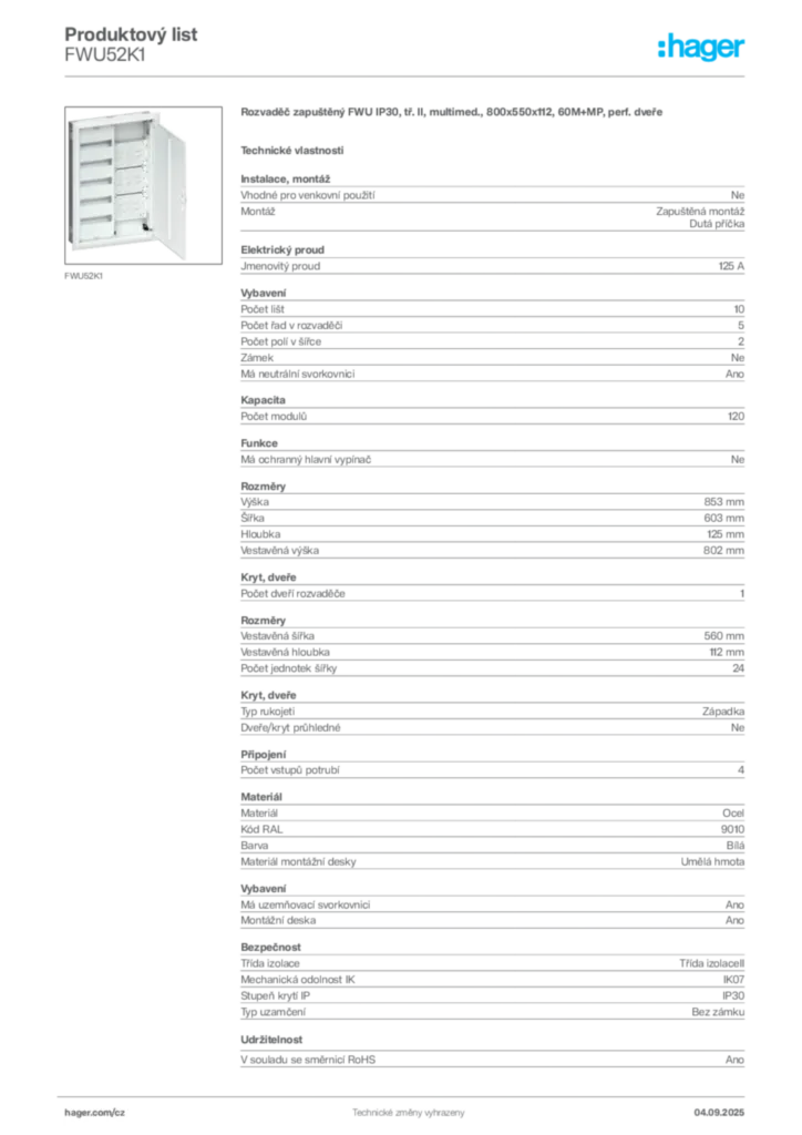 Obrázek Hager Produktový list FWU52K1 | Hager