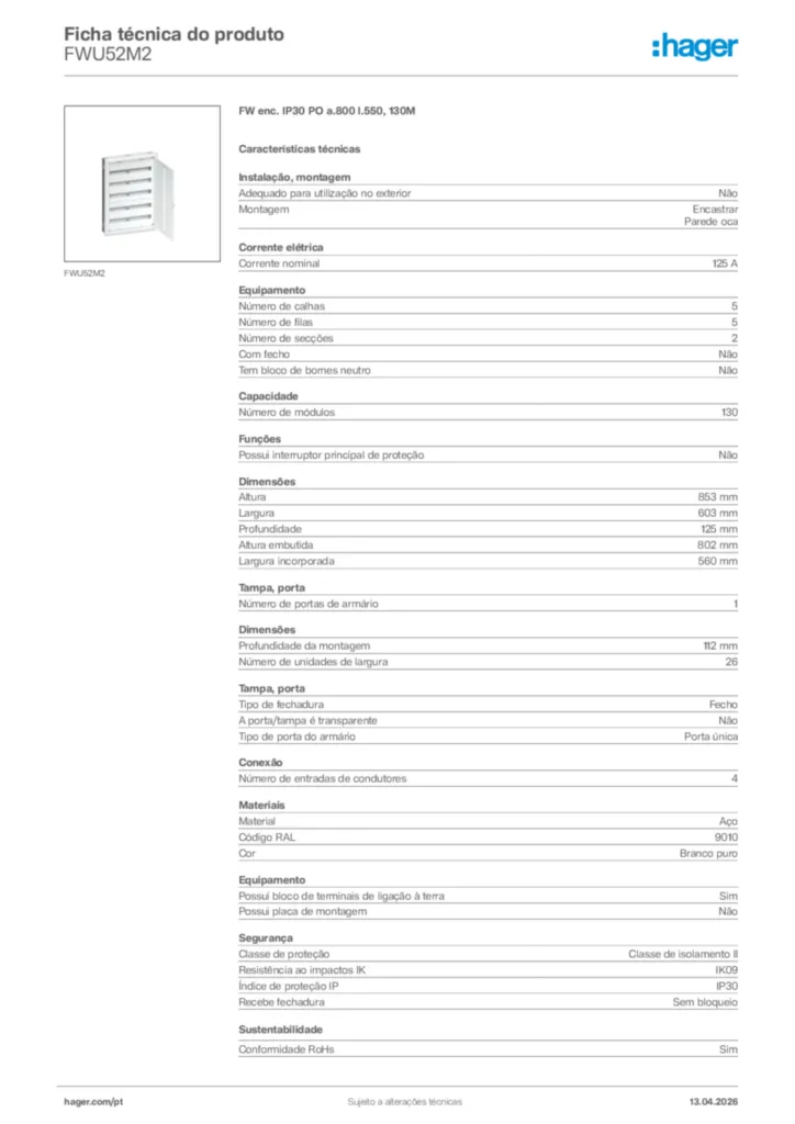 Imagem Hager Ficha técnica do produto FWU52M2 | Hager Portugal