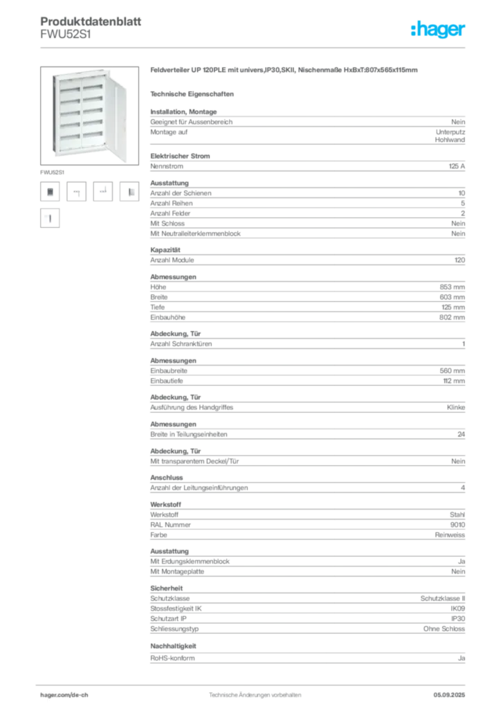 Bild Hager Produktdatenblatt FWU52S1 | Hager Schweiz