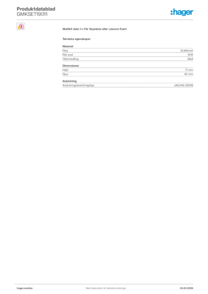 Bild Hager Produktdatablad GMKSET19011 | Hager Sverige