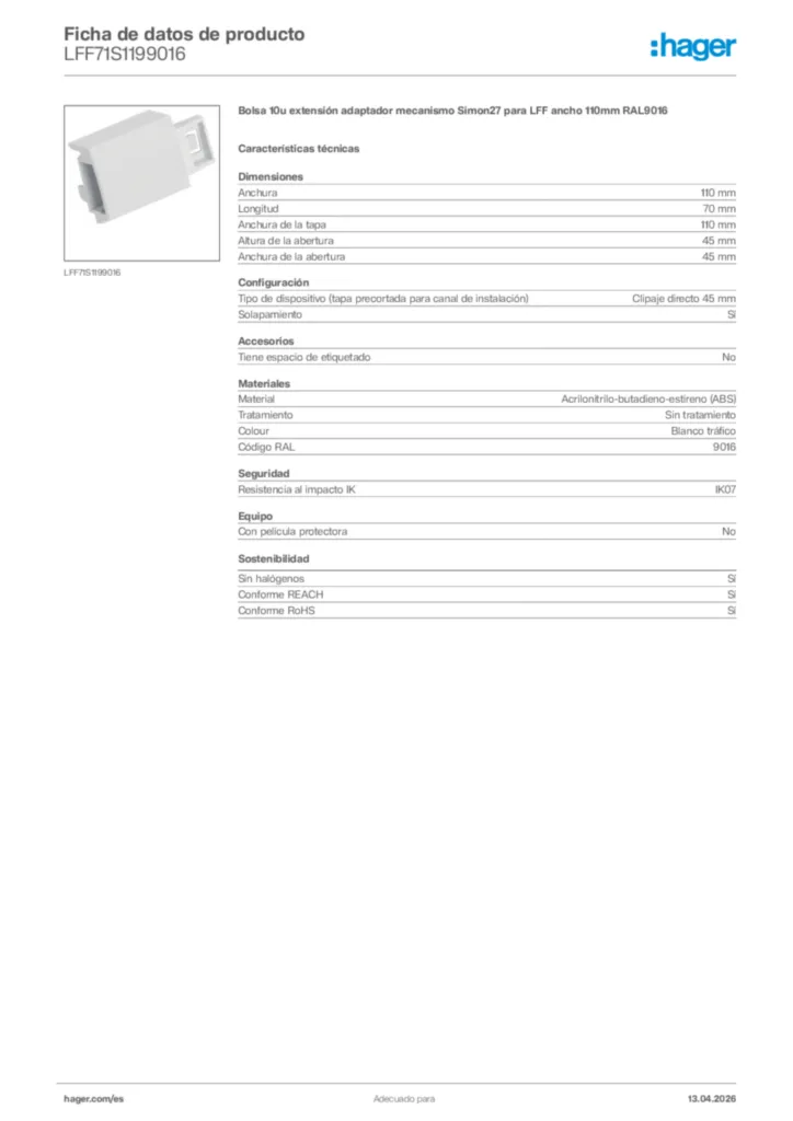 Imagen Hager Ficha de datos de producto LFF71S1199016 | Hager España