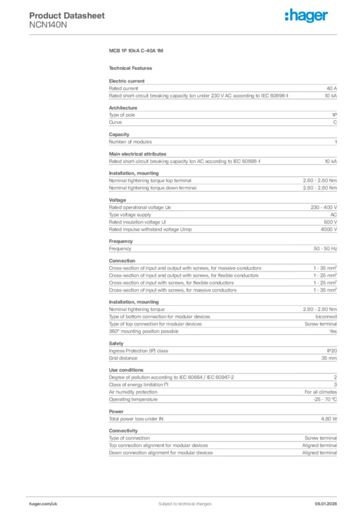 Image Hager Product data sheet NCN140N  | Hager