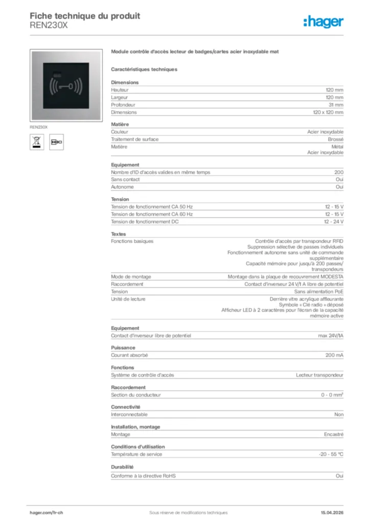 Image Hager Fiche technique du produit REN230X | Hager Suisse