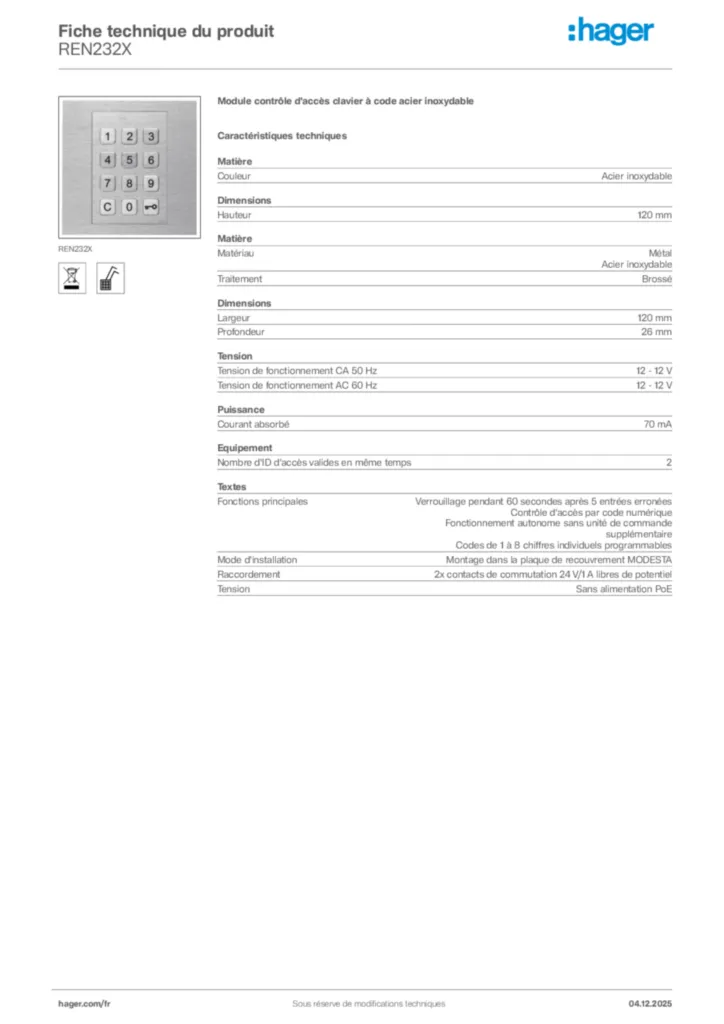 Image Hager Fiche technique du produit REN232X | Hager France
