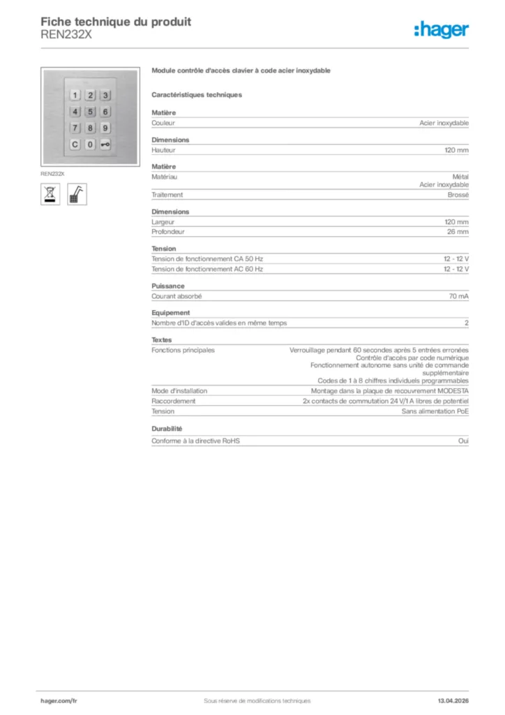 Image Hager Fiche technique du produit REN232X | Hager France