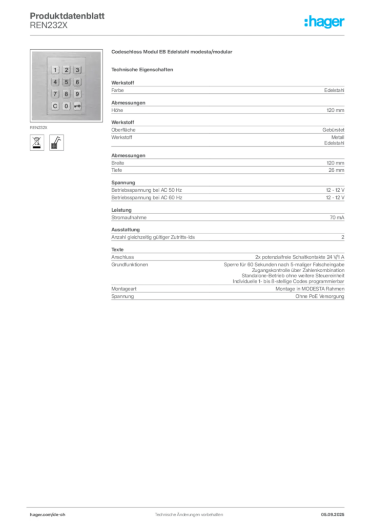 Bild Hager Produktdatenblatt REN232X | Hager Schweiz