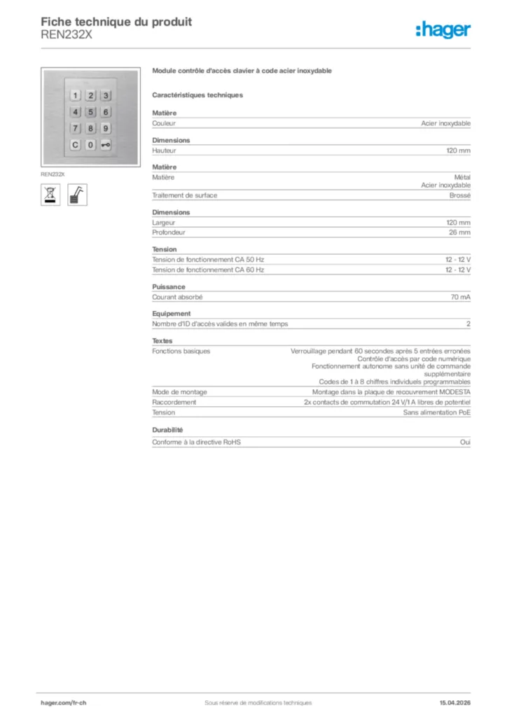 Image Hager Fiche technique du produit REN232X | Hager Suisse