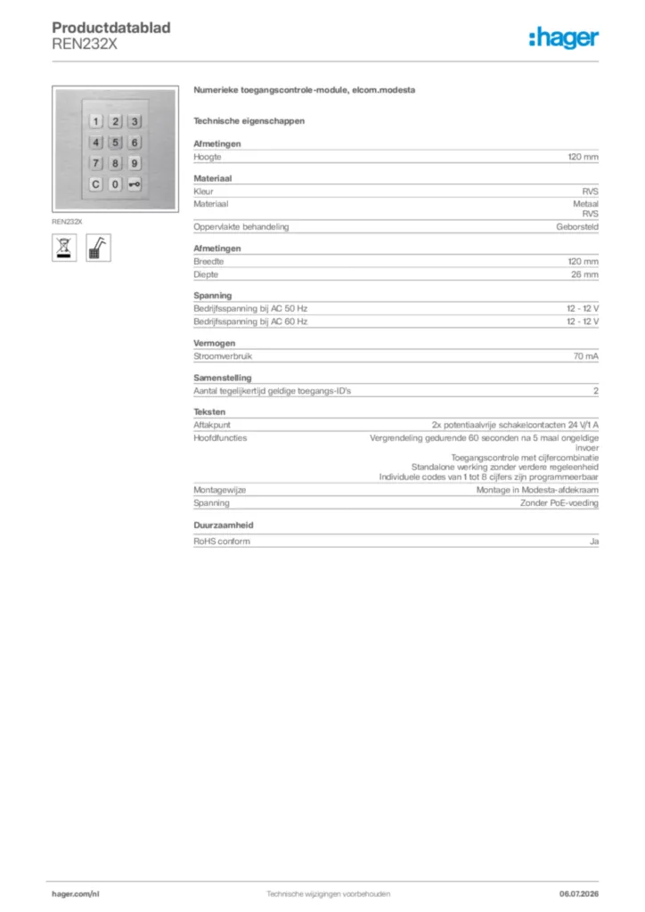 Afbeelding Hager Productdatablad REN232X | Hager Nederland