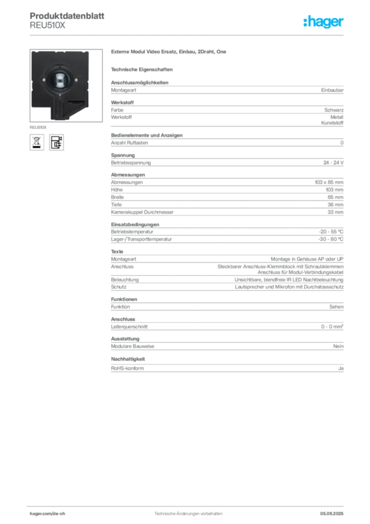 Bild Hager Produktdatenblatt REU510X | Hager Schweiz