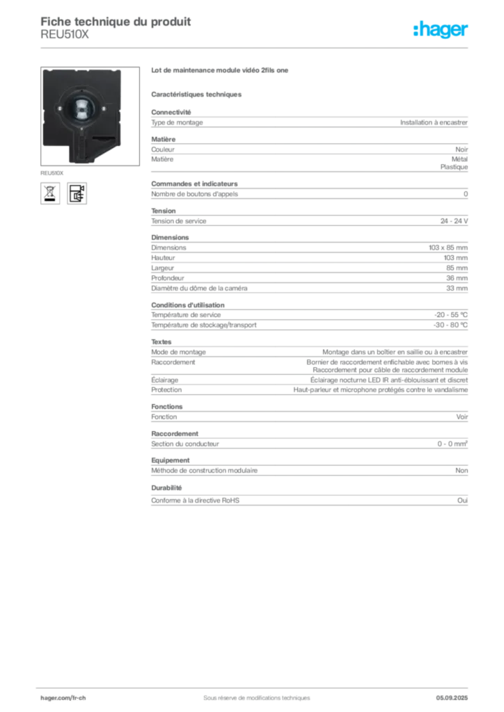 Image Hager Fiche technique du produit REU510X | Hager Suisse