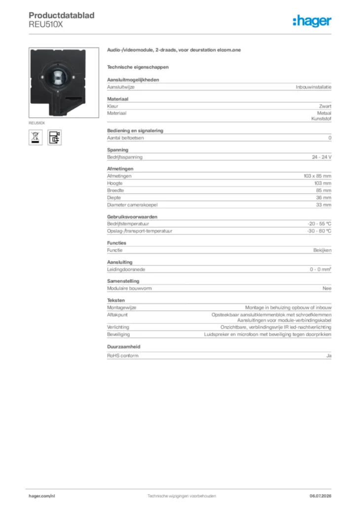 Afbeelding Hager Productdatablad REU510X | Hager Nederland