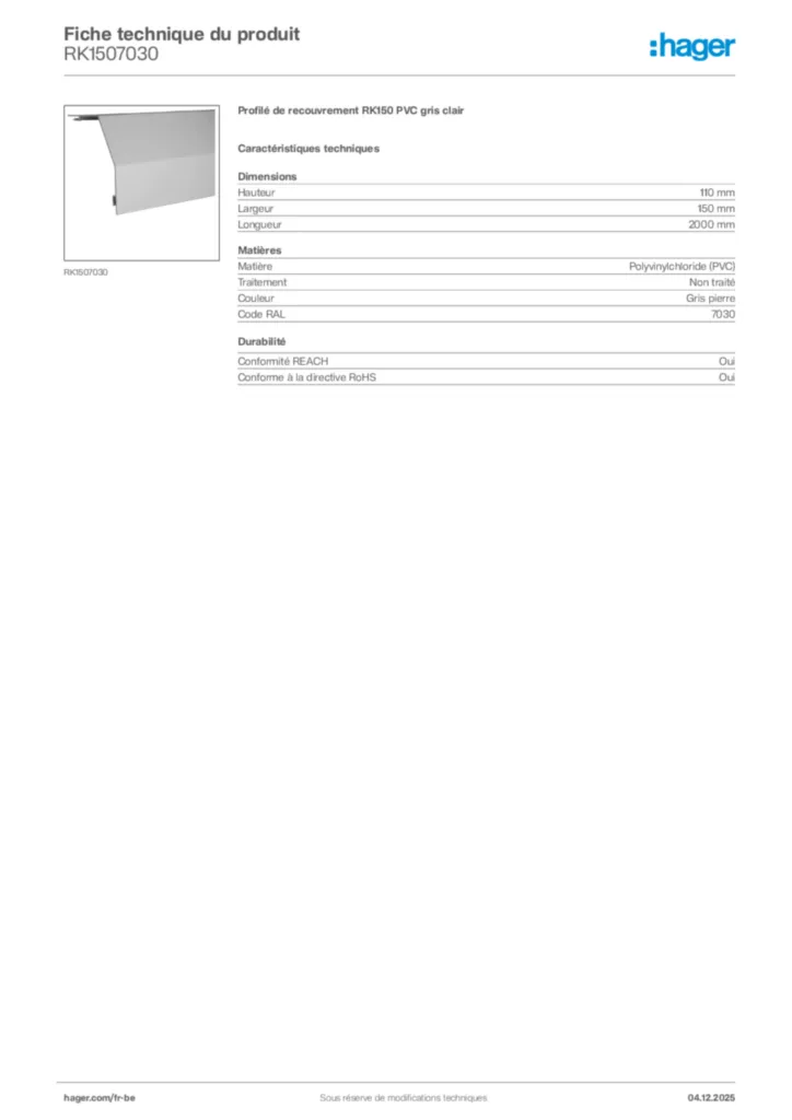 Image Hager Fiche technique du produit RK1507030 | Hager Belgique