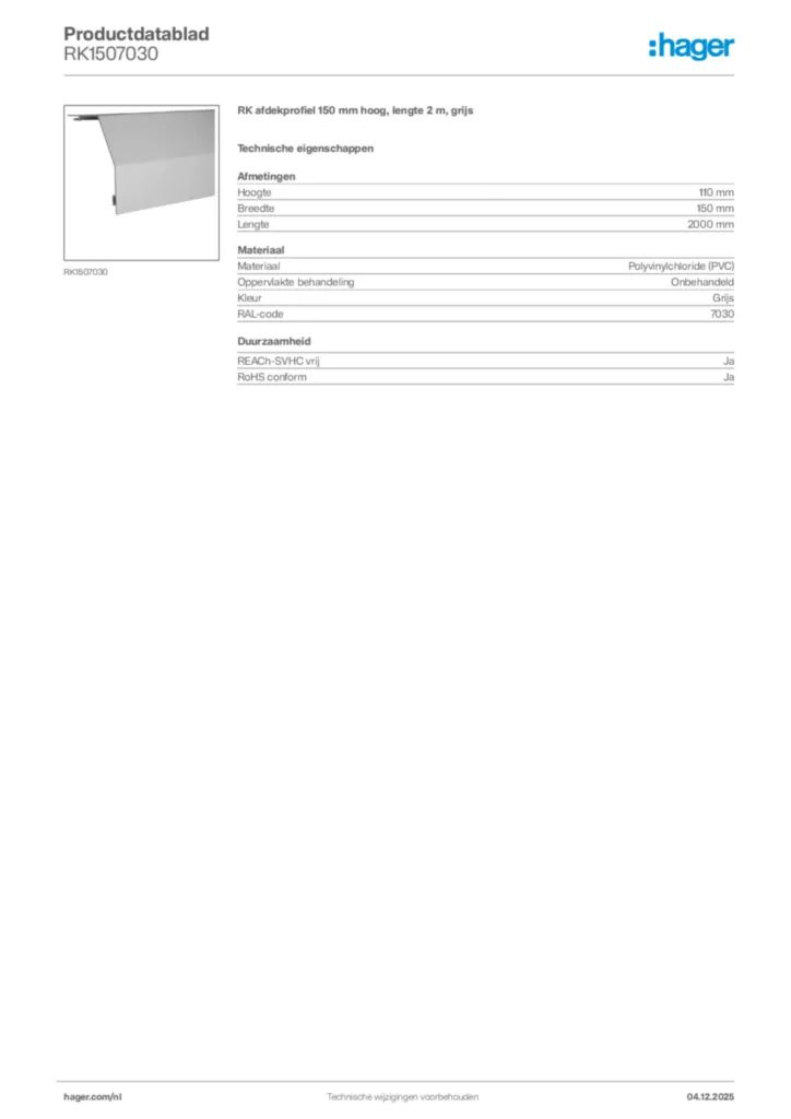 Afbeelding Hager Productdatablad RK1507030 | Hager Nederland