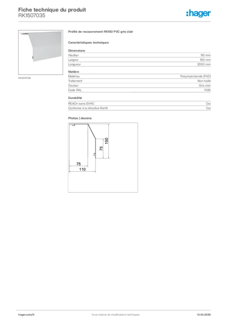 Image Hager Fiche technique du produit RK1507035 | Hager France