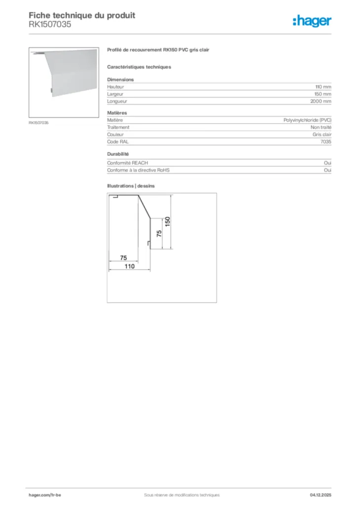 Image Hager Fiche technique du produit RK1507035 | Hager Belgique