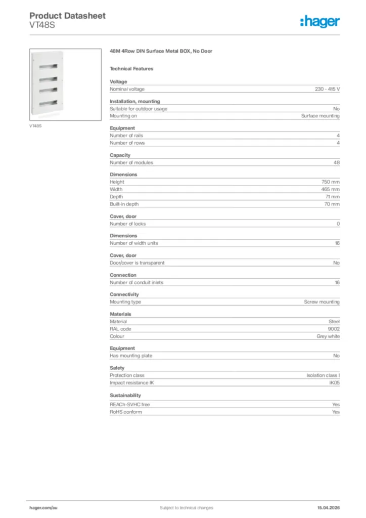 Image Hager Product data sheet VT48S  | Hager Australia