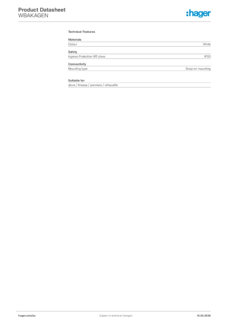Image Hager Product data sheet WBAKAGEN  | Hager Australia