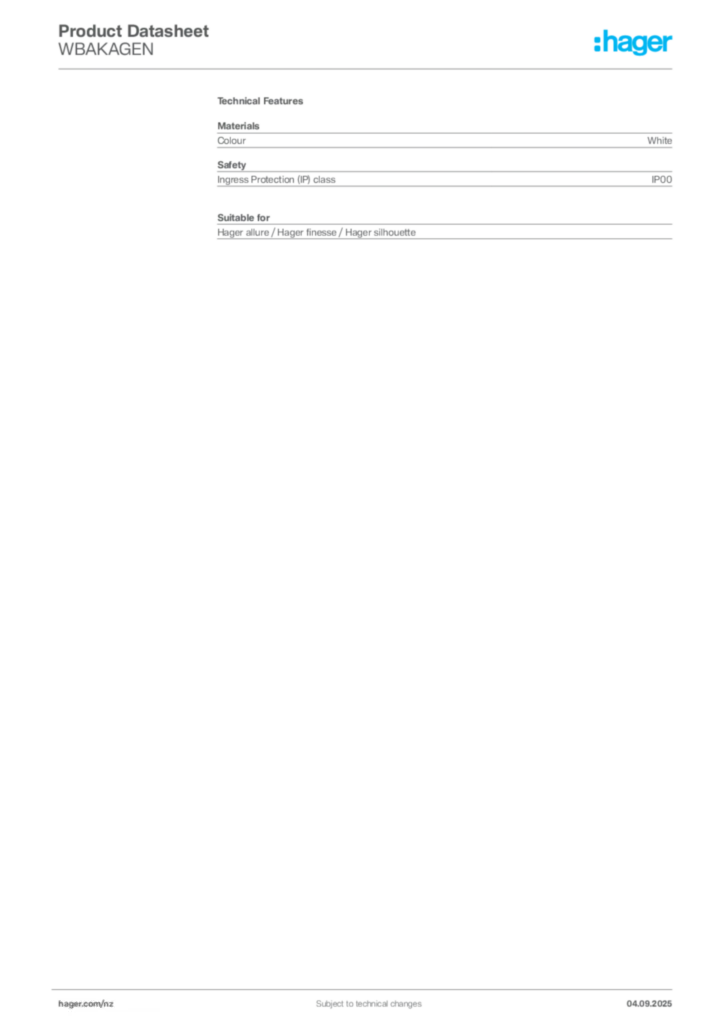 Image Hager Product data sheet WBAKAGEN  | Hager New Zealand
