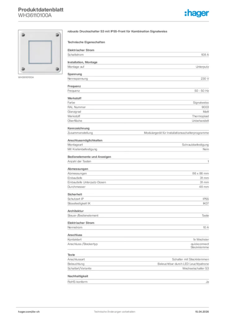 Bild Hager Produktdatenblatt WH36110100A | Hager Schweiz