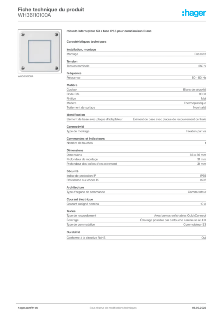 Image Hager Fiche technique du produit WH36110100A | Hager Suisse
