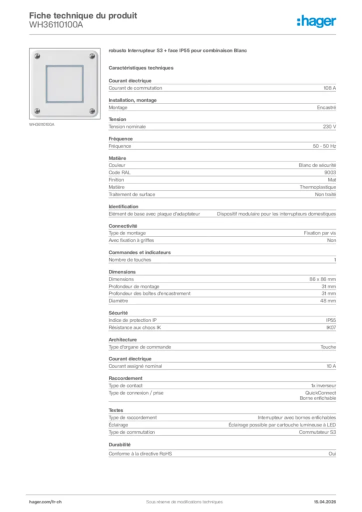 Image Hager Fiche technique du produit WH36110100A | Hager Suisse