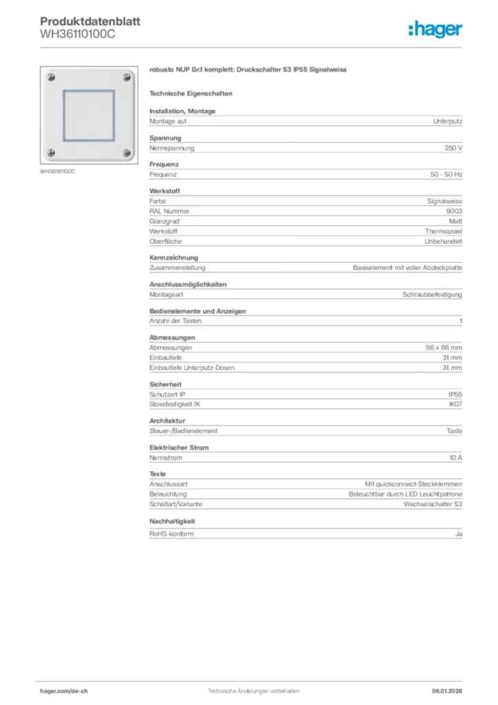 Bild Hager Produktdatenblatt WH36110100C | Hager Schweiz