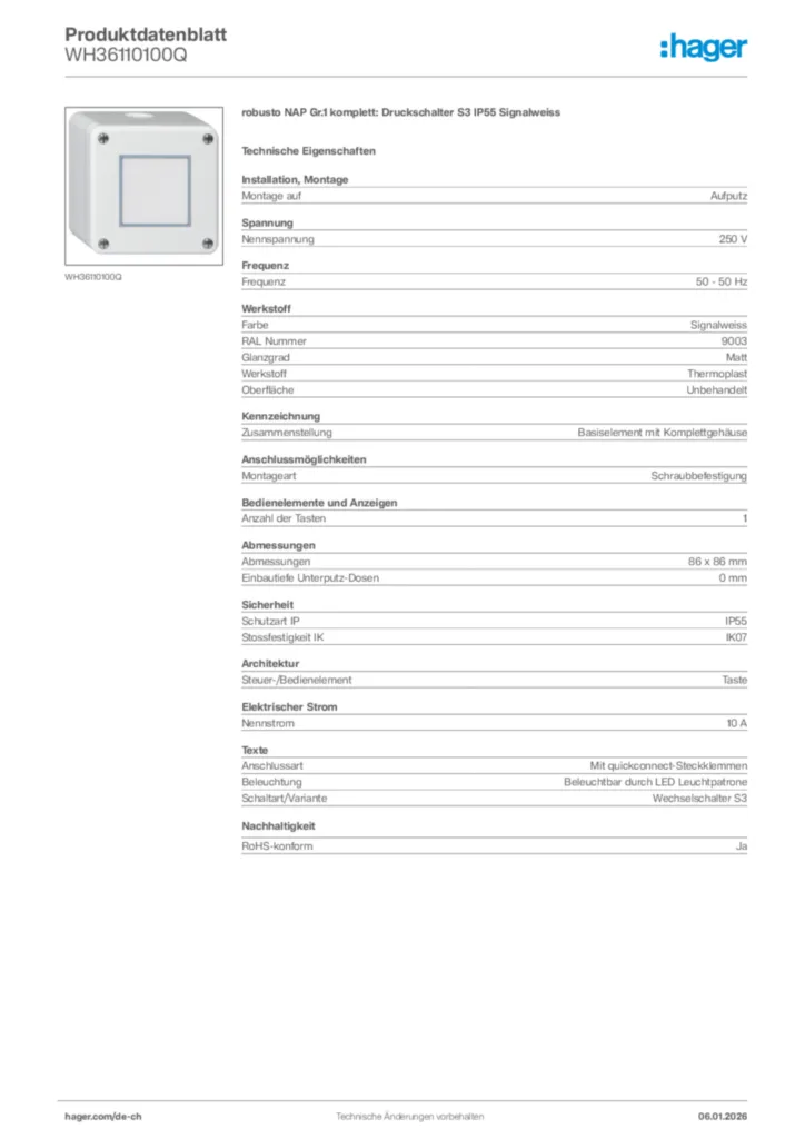 Bild Hager Produktdatenblatt WH36110100Q | Hager Schweiz