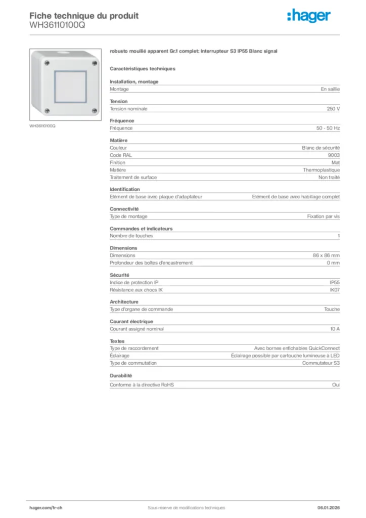 Image Hager Fiche technique du produit WH36110100Q | Hager Suisse