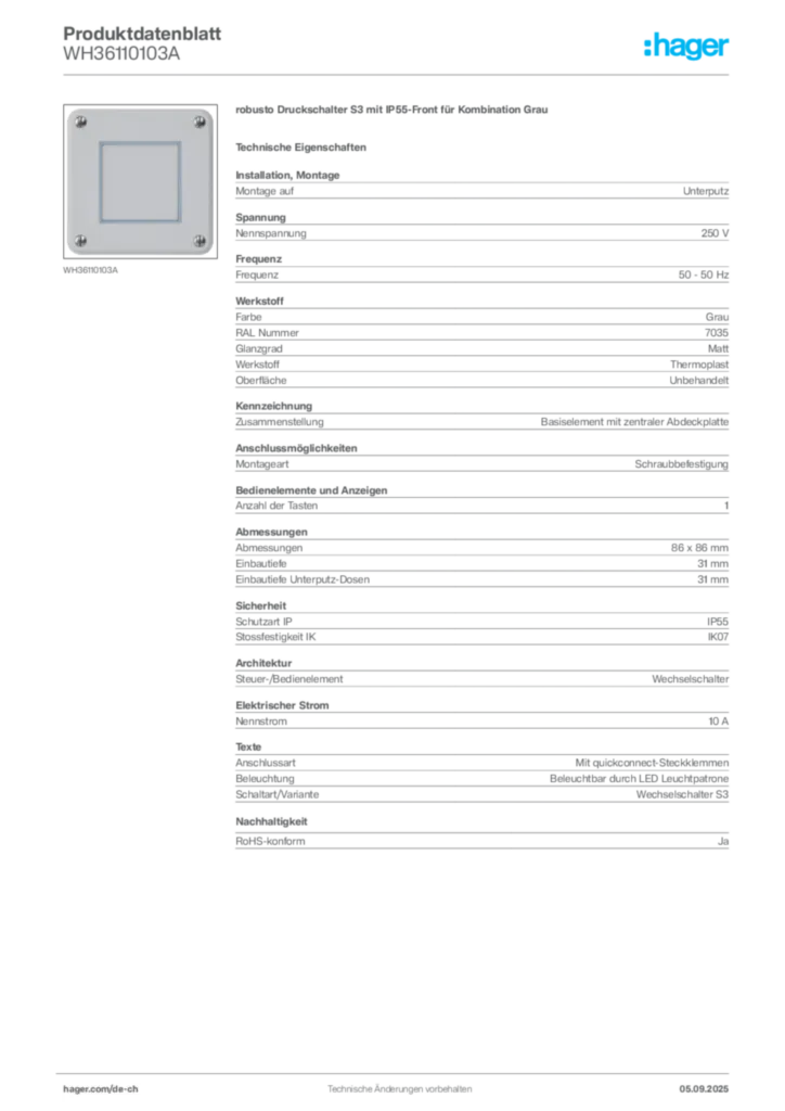 Bild Hager Produktdatenblatt WH36110103A | Hager Schweiz