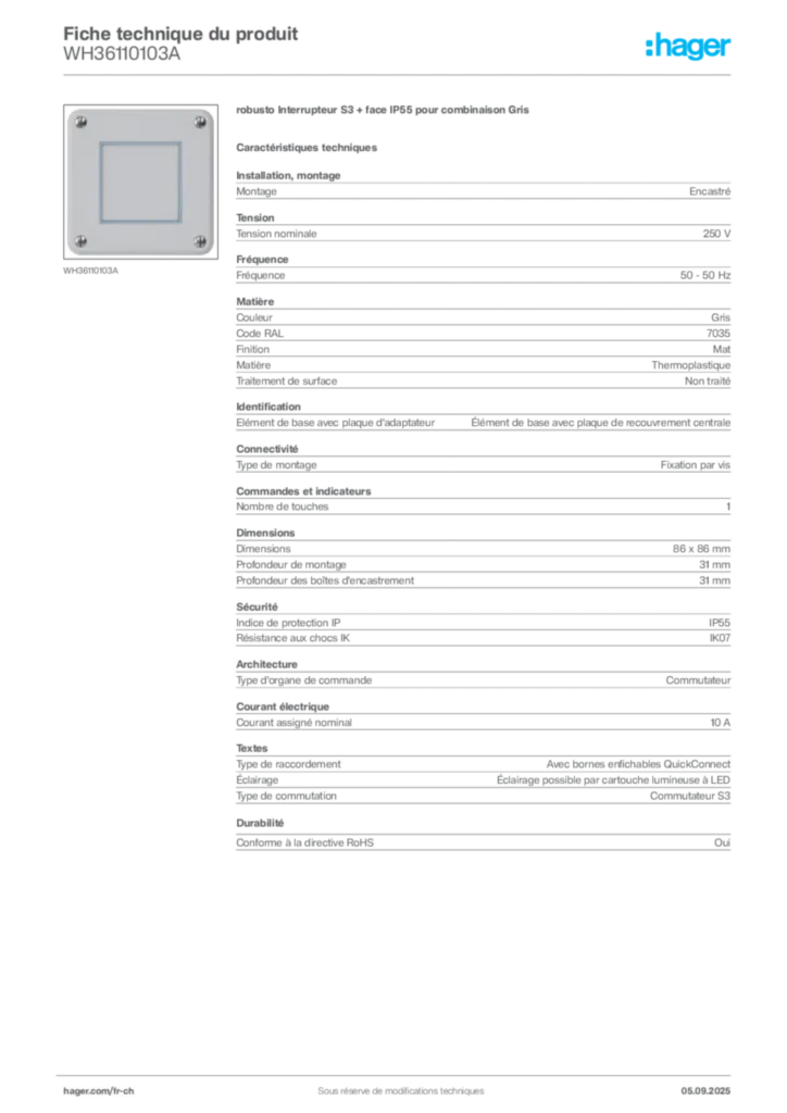Image Hager Fiche technique du produit WH36110103A | Hager Suisse