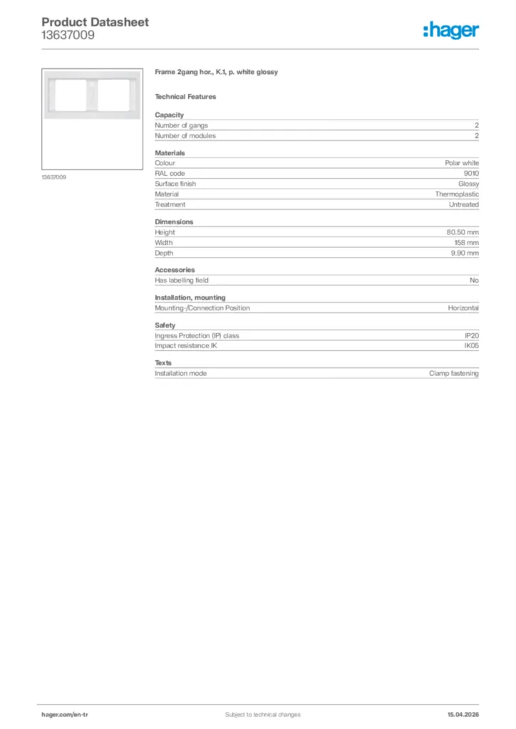 Image Hager Product data sheet 13637009  | Hager